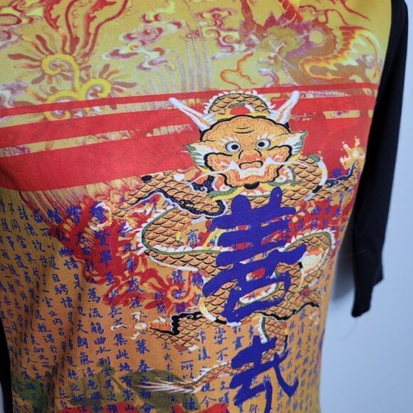 Y2K Asian dragon 3/4 sleeve fitted tee shirt top S - Picture 4 of 8